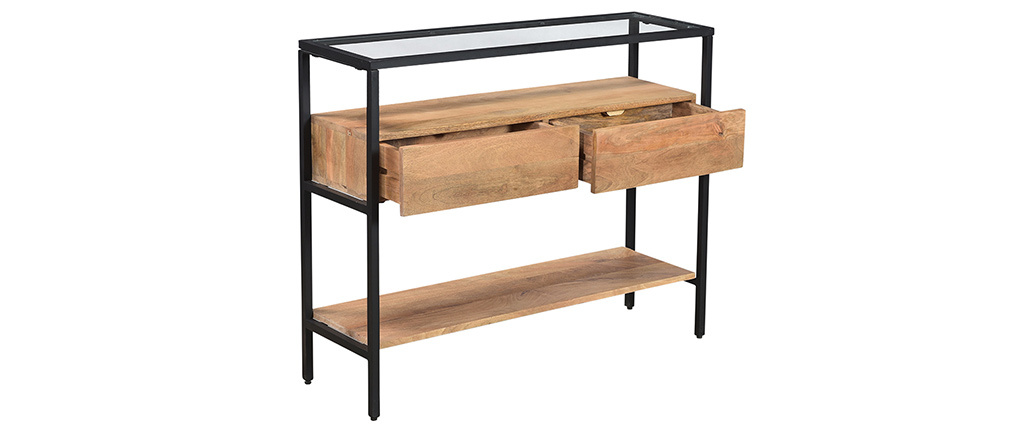 Console avec plateau verre et tiroirs en manguier massif L100 cm SITA