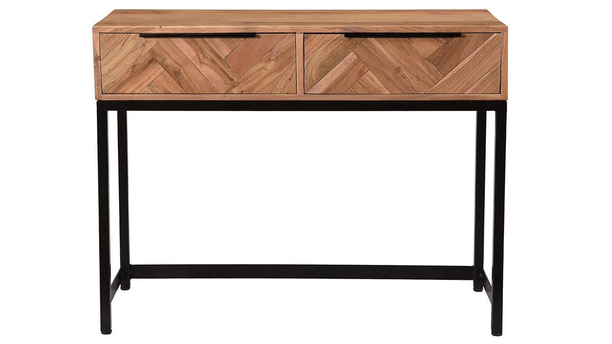 Console avec rangement 2 tiroirs  motifs chevrons en bois massif et mtal noir L100 cm STICK