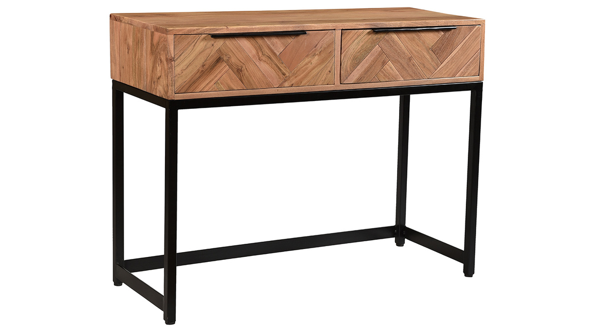 Console avec rangement 2 tiroirs  motifs chevrons en bois massif et mtal noir L100 cm STICK