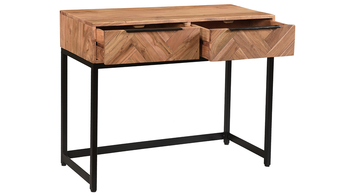 Console avec rangement 2 tiroirs  motifs chevrons en bois massif et mtal noir L100 cm STICK