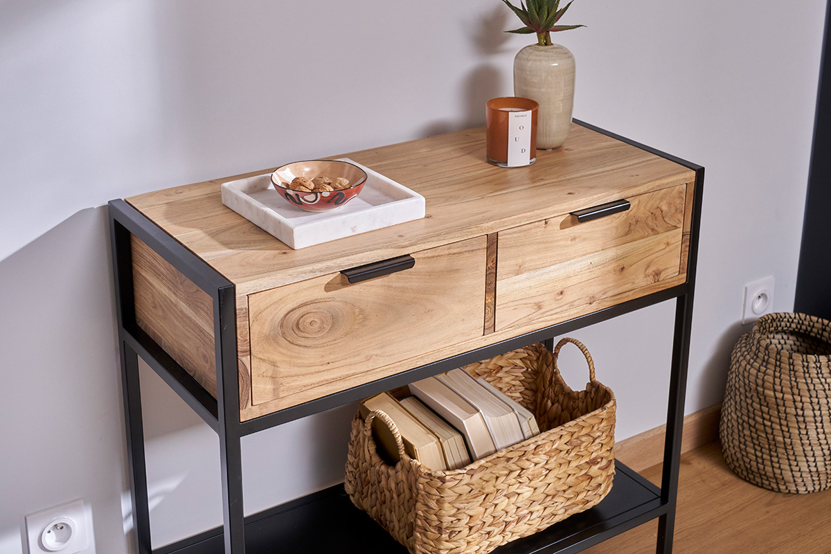 Console avec rangements 2 tiroirs en bois massif et mtal noir L80 cm ARTHUS