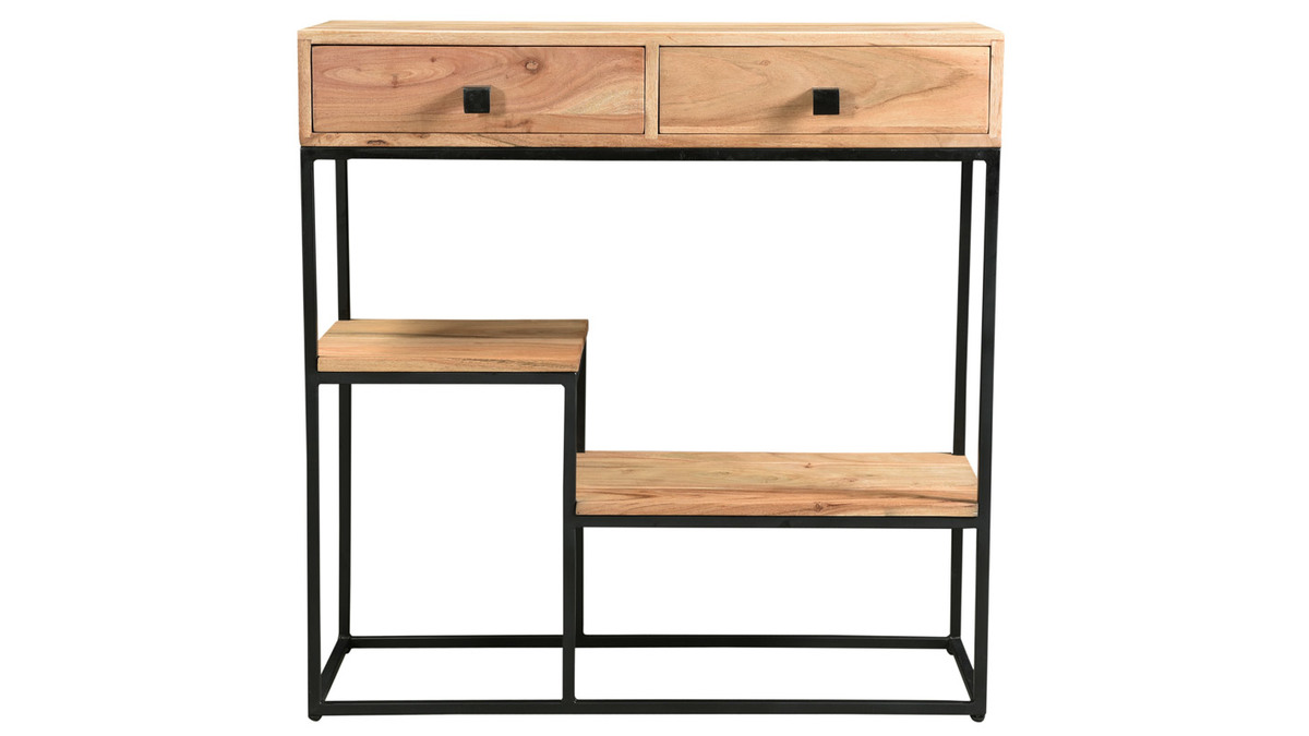 Console avec rangements 2 tiroirs en bois massif et mtal noir L80 cm GRENELLE