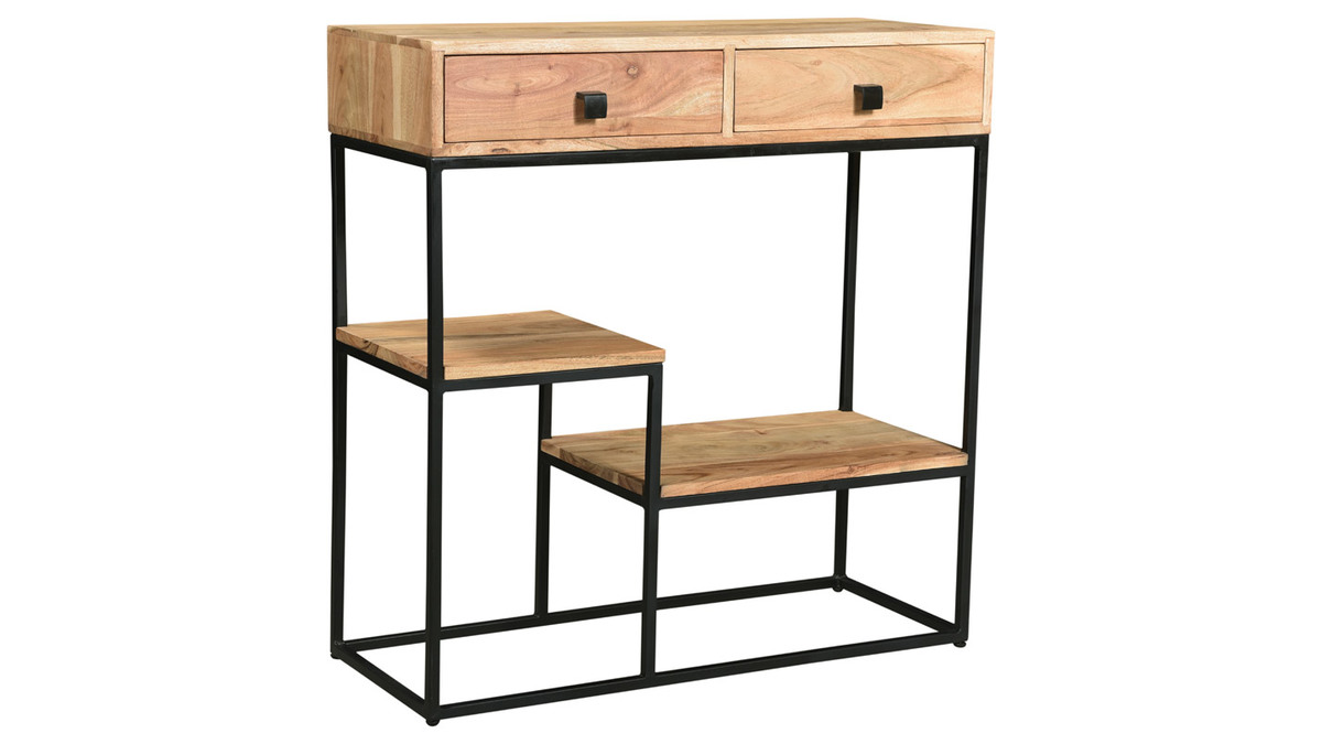 Console avec rangements 2 tiroirs en bois massif et mtal noir L80 cm GRENELLE