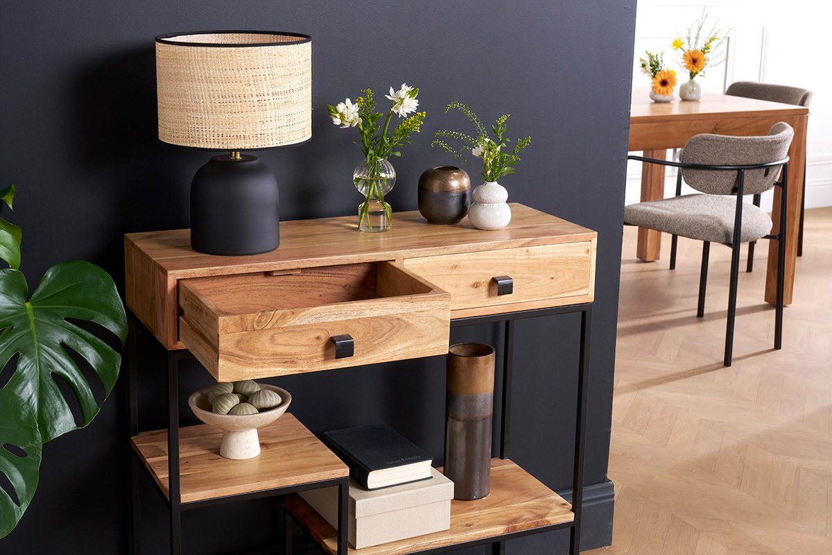 Console avec rangements 2 tiroirs en bois massif et mtal noir L80 cm GRENELLE