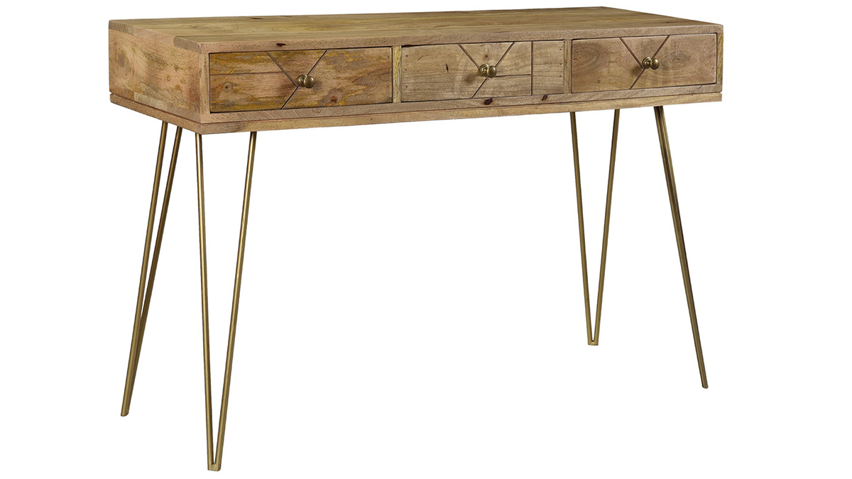 Console avec rangements 3 tiroirs en bois manguier massif grav et mtal dor L120 cm LINIUM