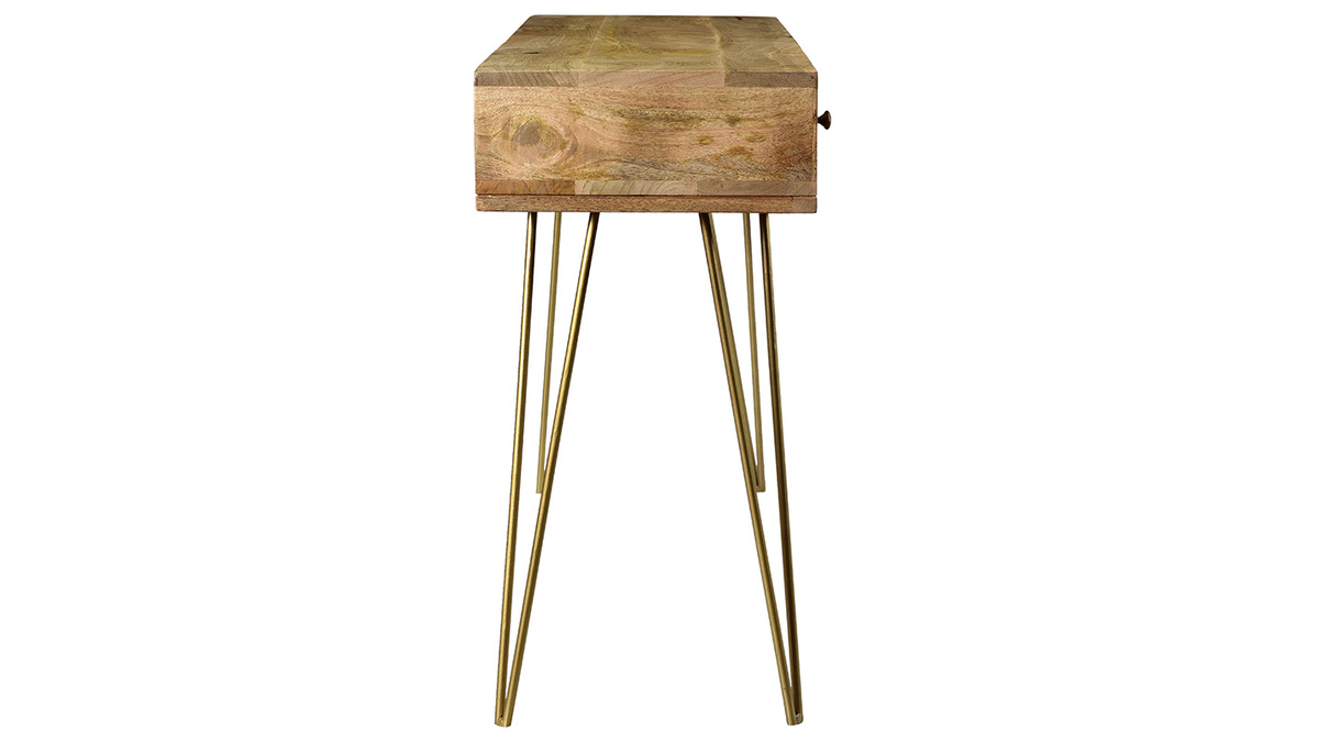 Console avec rangements 3 tiroirs en bois manguier massif grav et mtal dor L120 cm LINIUM