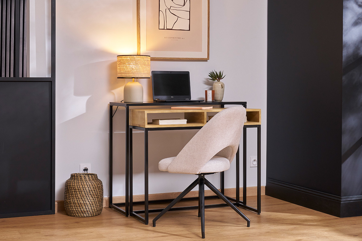 Console bureau d'appoint avec rangements casiers en bois manguier massif et mtal noir L100 cm YPKA