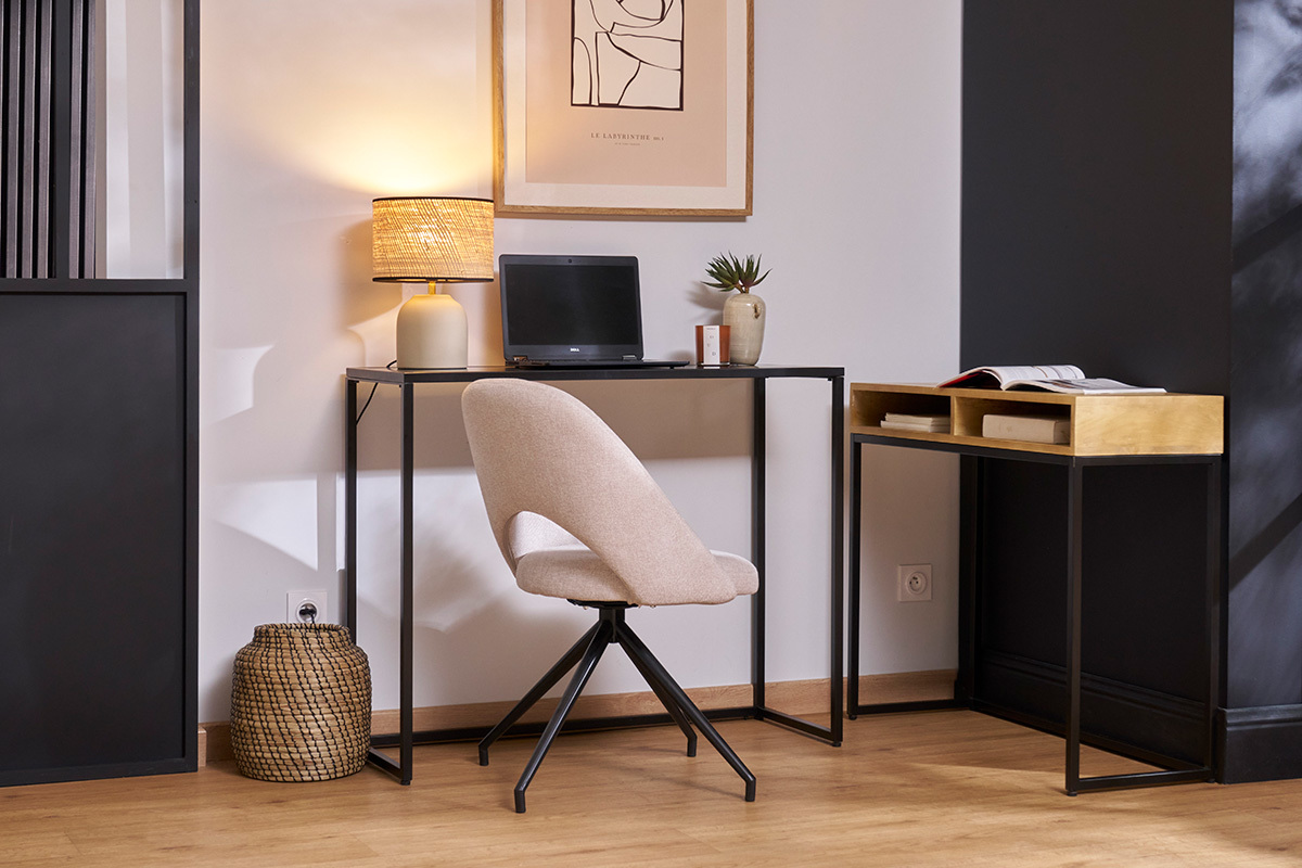 Console bureau d'appoint avec rangements casiers en bois manguier massif et mtal noir L100 cm YPKA