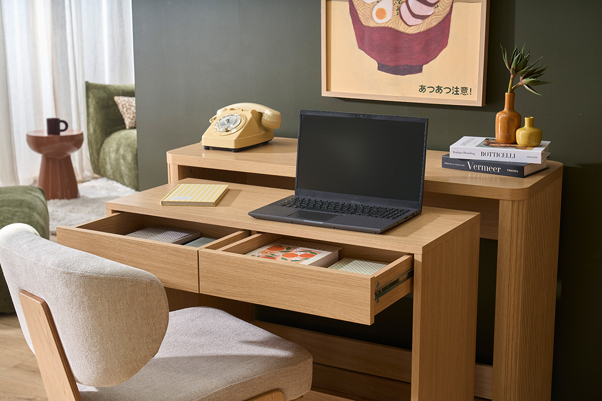 Console bureau d'appoint avec tiroirs finition bois clair ch�ne L110 cm ENOLA