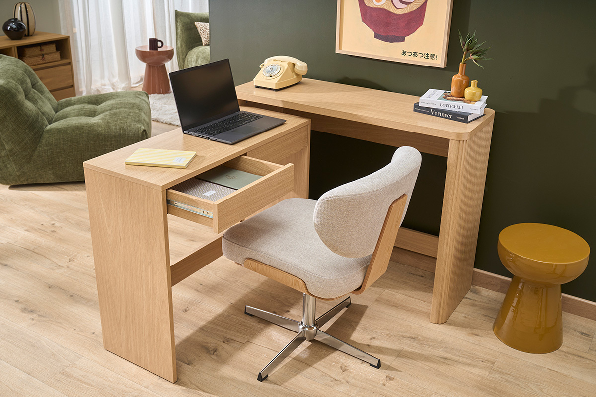 Console bureau d'appoint avec tiroirs finition bois clair ch�ne L110 cm ENOLA