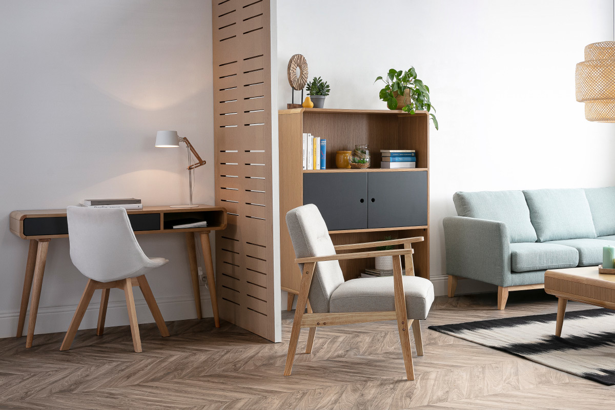 Console-bureau scandinave gris et bois chne 1 tiroir L120 cm COPENHAGUE