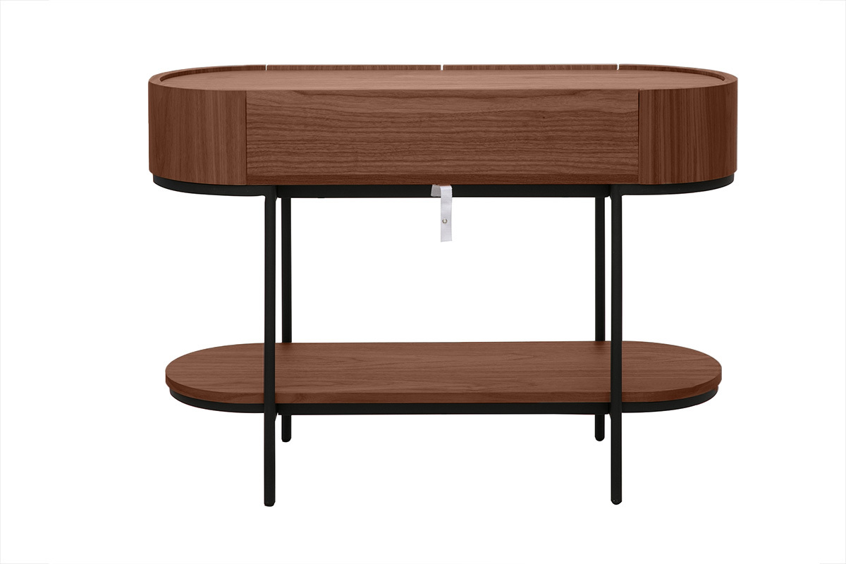Console design avec tiroirs en bois fonc noyer et mtal noir L110 cm SKYE