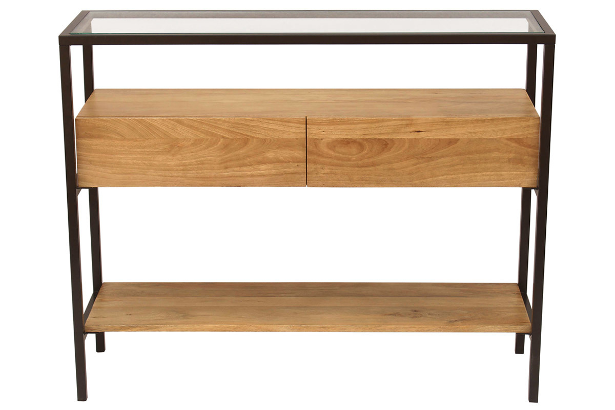Console en bois clair manguier massif et plateau en verre 2 tiroirs L100 cm SITA