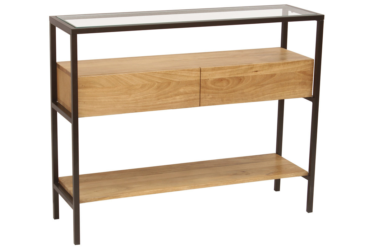 Console en bois clair manguier massif et plateau en verre 2 tiroirs L100 cm SITA