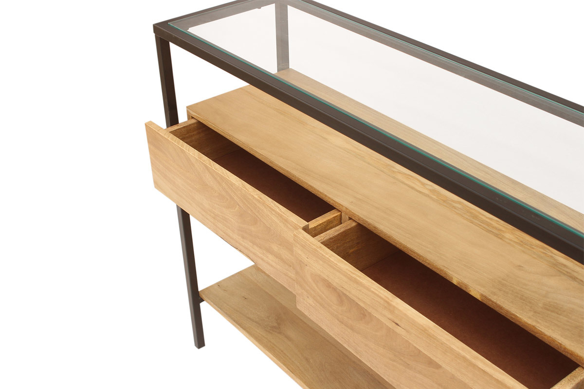 Console en bois clair manguier massif et plateau en verre 2 tiroirs L100 cm SITA