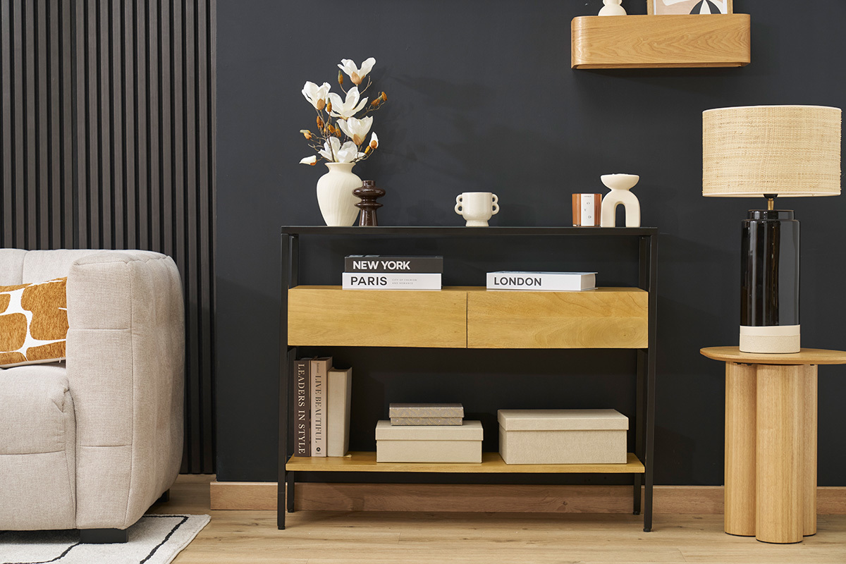 Console en bois clair manguier massif et plateau en verre 2 tiroirs L100 cm SITA