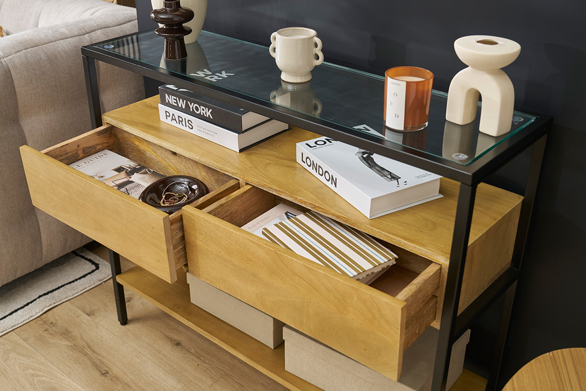 Console en bois fonc� manguier massif et plateau en verre 2 tiroirs L100 cm SITA