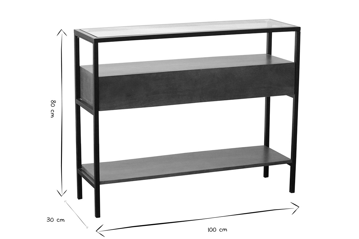 Console en bois fonc� manguier massif et plateau en verre 2 tiroirs L100 cm SITA