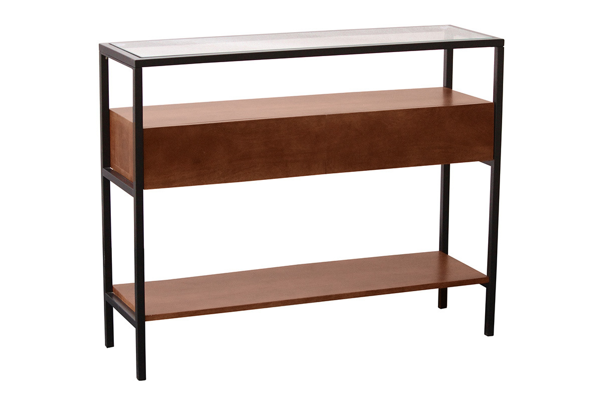 Console en bois fonc� manguier massif et plateau en verre 2 tiroirs L100 cm SITA