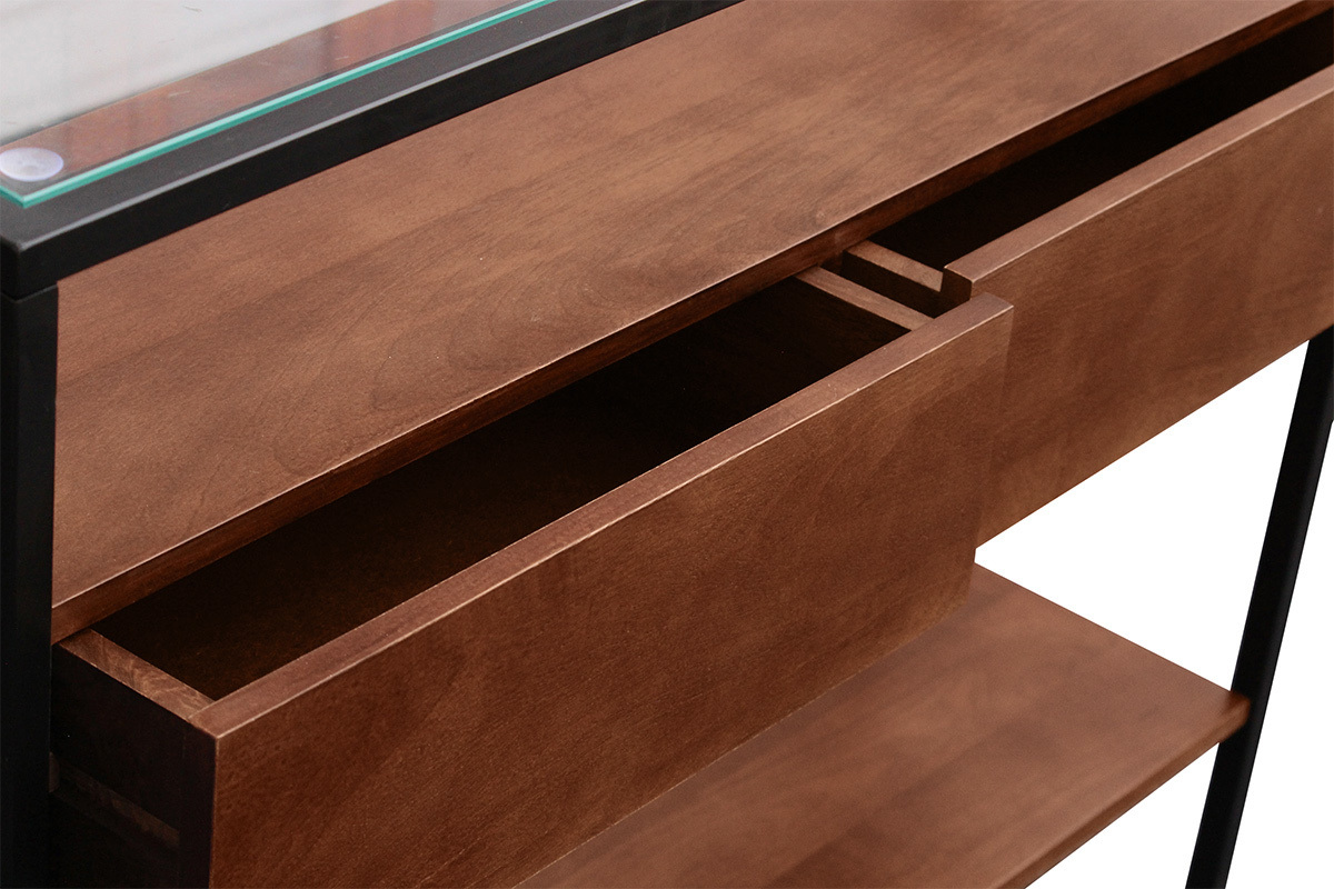 Console en bois fonc� manguier massif et plateau en verre 2 tiroirs L100 cm SITA