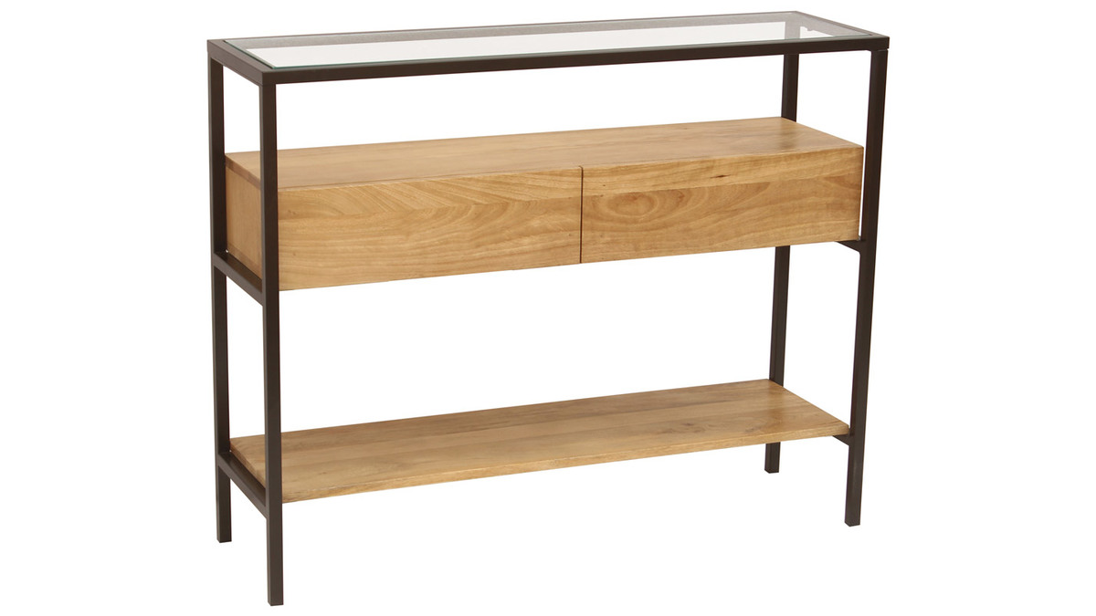 Console en bois manguier massif et plateau en verre 2 tiroirs L100 cm SITA