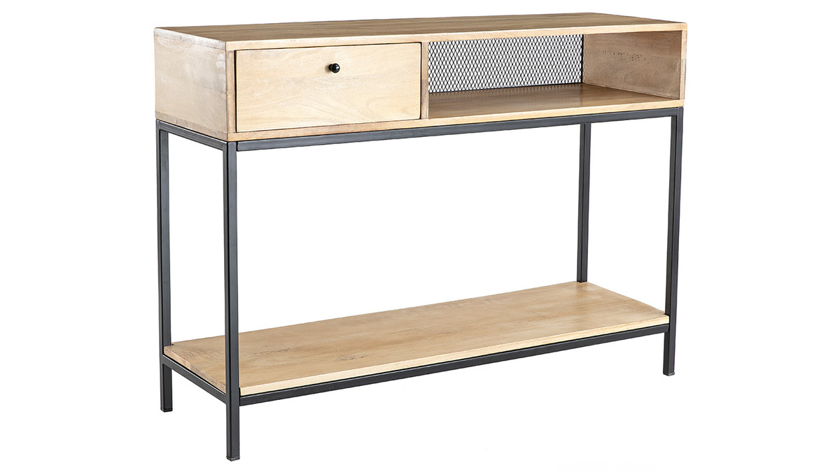 Console industrielle avec rangements 1 tiroir et 1 niche en bois clair manguier massif et mtal noir L110 cm RACK