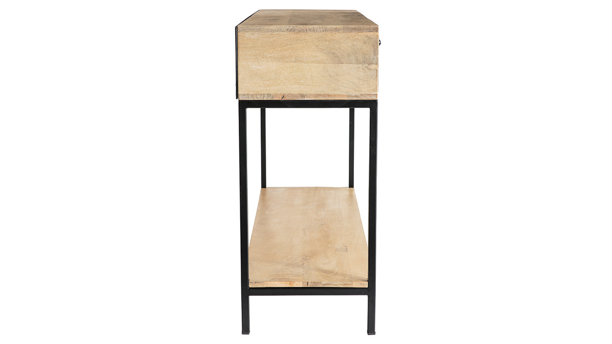 Console industrielle avec rangements 1 tiroir et 1 niche en bois clair manguier massif et mtal noir L110 cm RACK