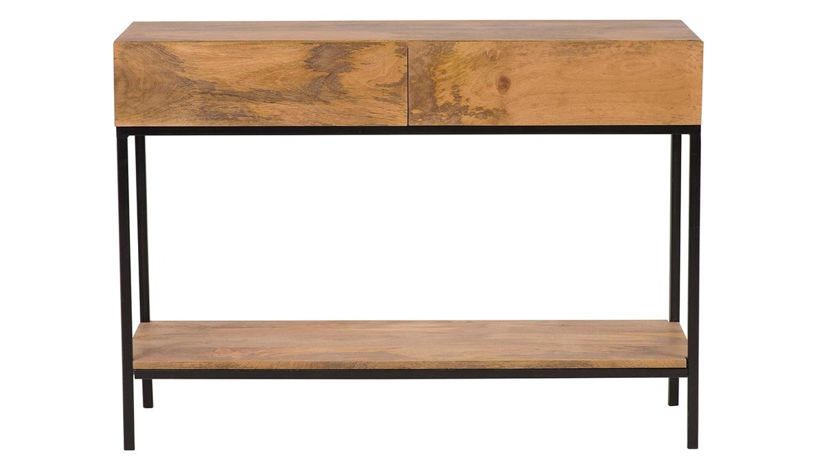 Console industrielle avec rangements 2 tiroirs en bois manguier massif et mtal noir L110 cm YPSTER