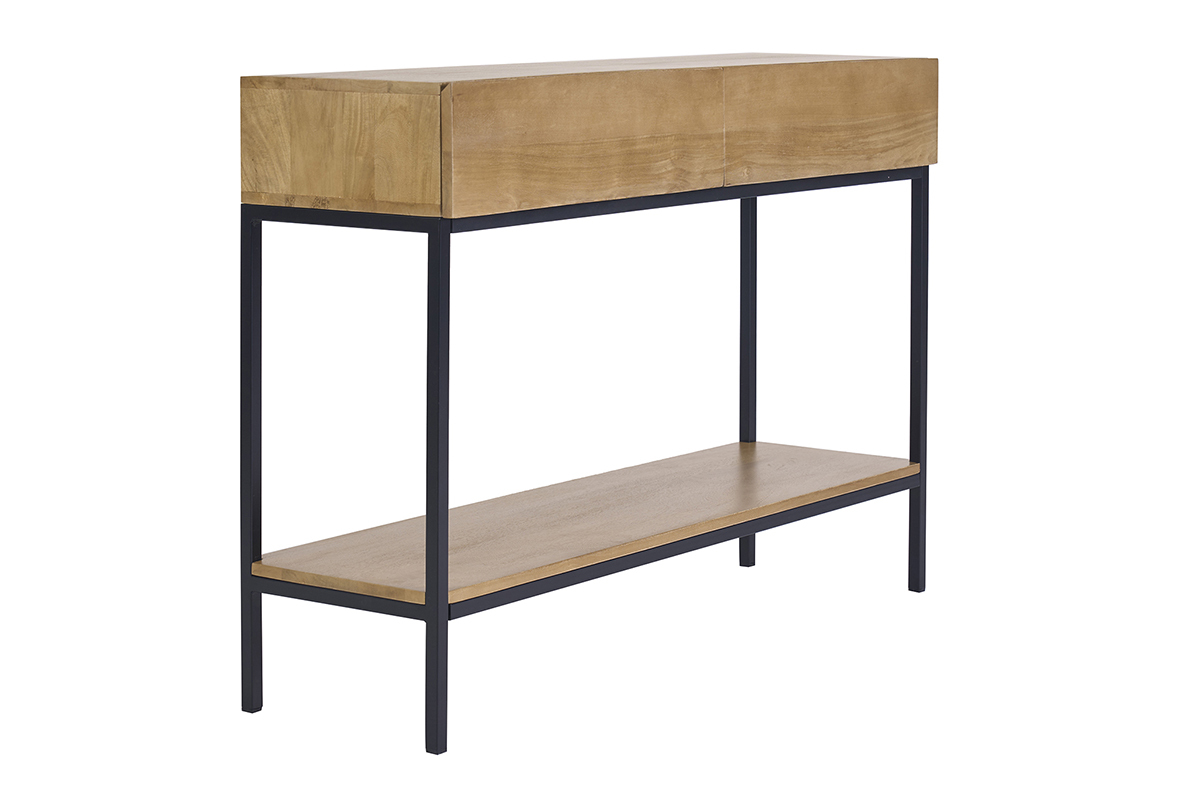 Console industrielle avec rangements 2 tiroirs en bois manguier massif et m�tal noir L110 cm YPSTER