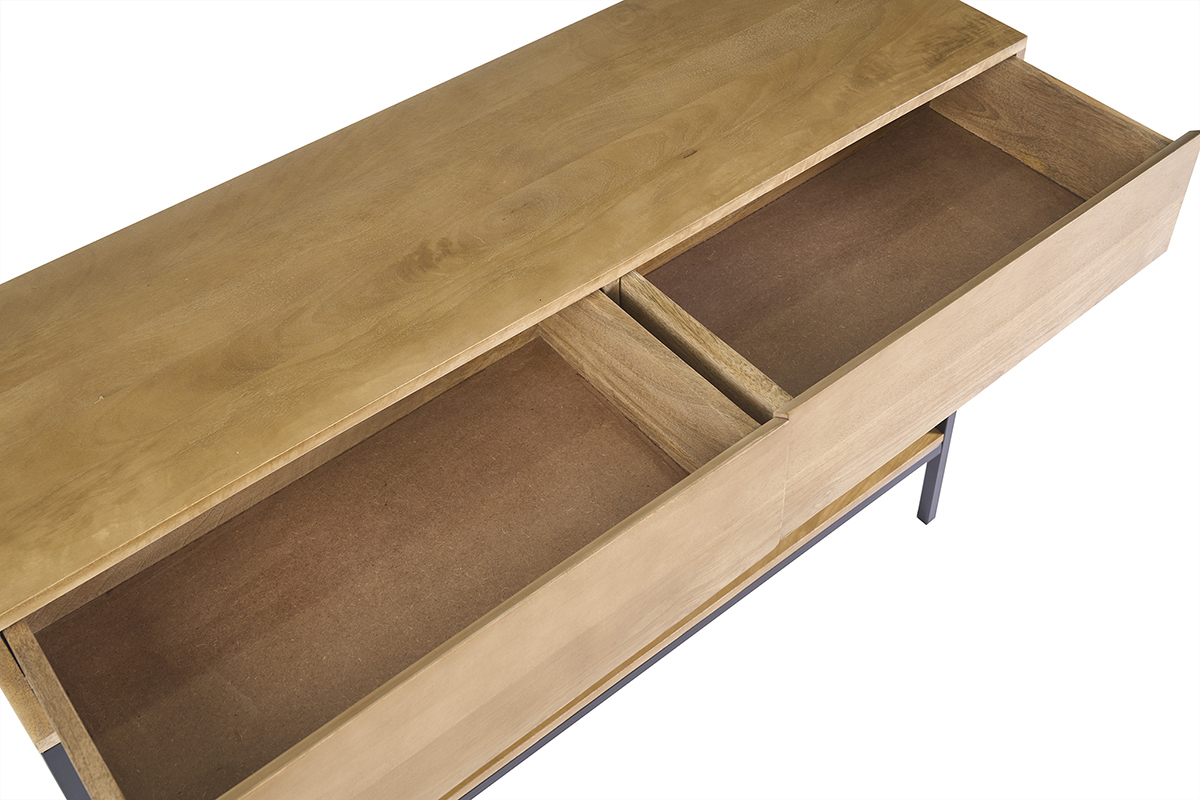Console industrielle avec rangements 2 tiroirs en bois manguier massif et m�tal noir L110 cm YPSTER