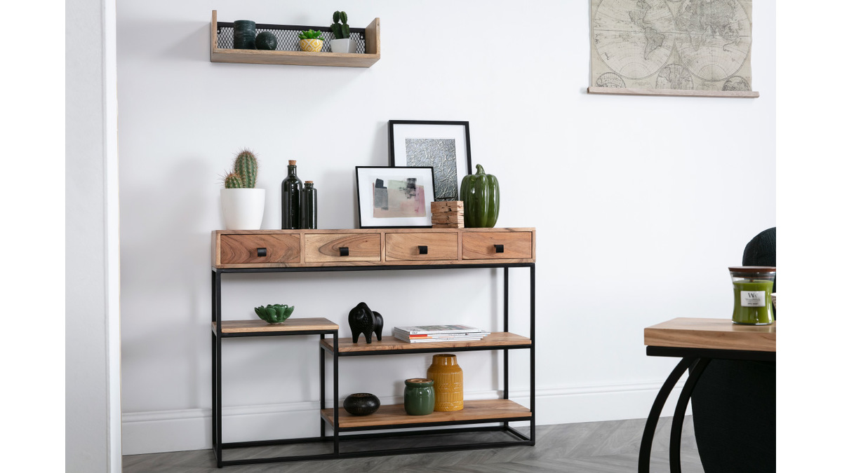 Console industrielle avec rangements 4 tiroirs en bois clair massif et mtal noir L115 cm GRENELLE