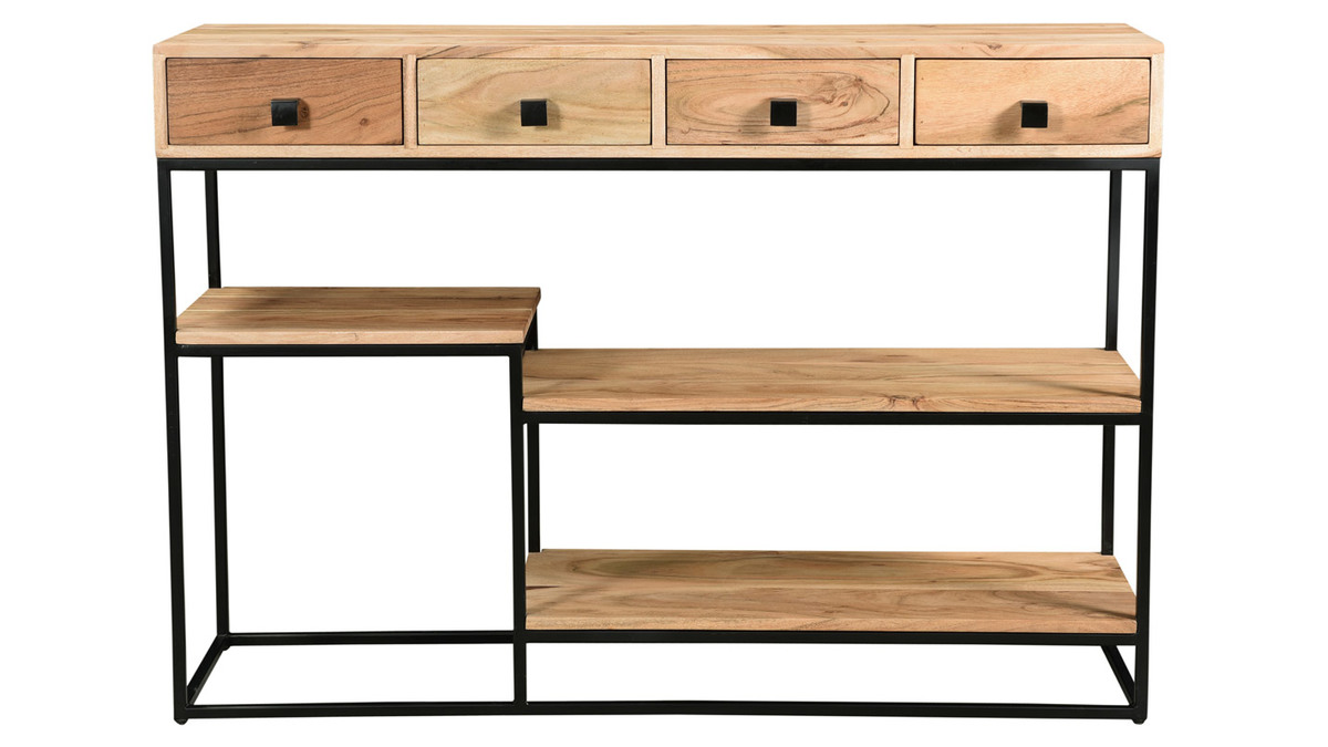 Console industrielle avec rangements 4 tiroirs en bois massif et mtal noir L115 cm GRENELLE