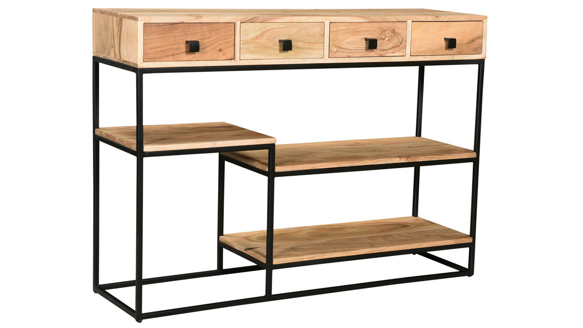 Console industrielle avec rangements 4 tiroirs en bois massif et mtal noir L115 cm GRENELLE