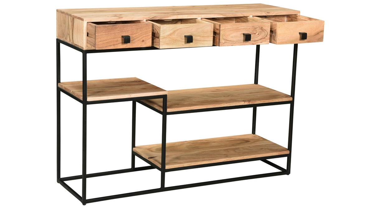 Console industrielle avec rangements 4 tiroirs en bois massif et mtal noir L115 cm GRENELLE