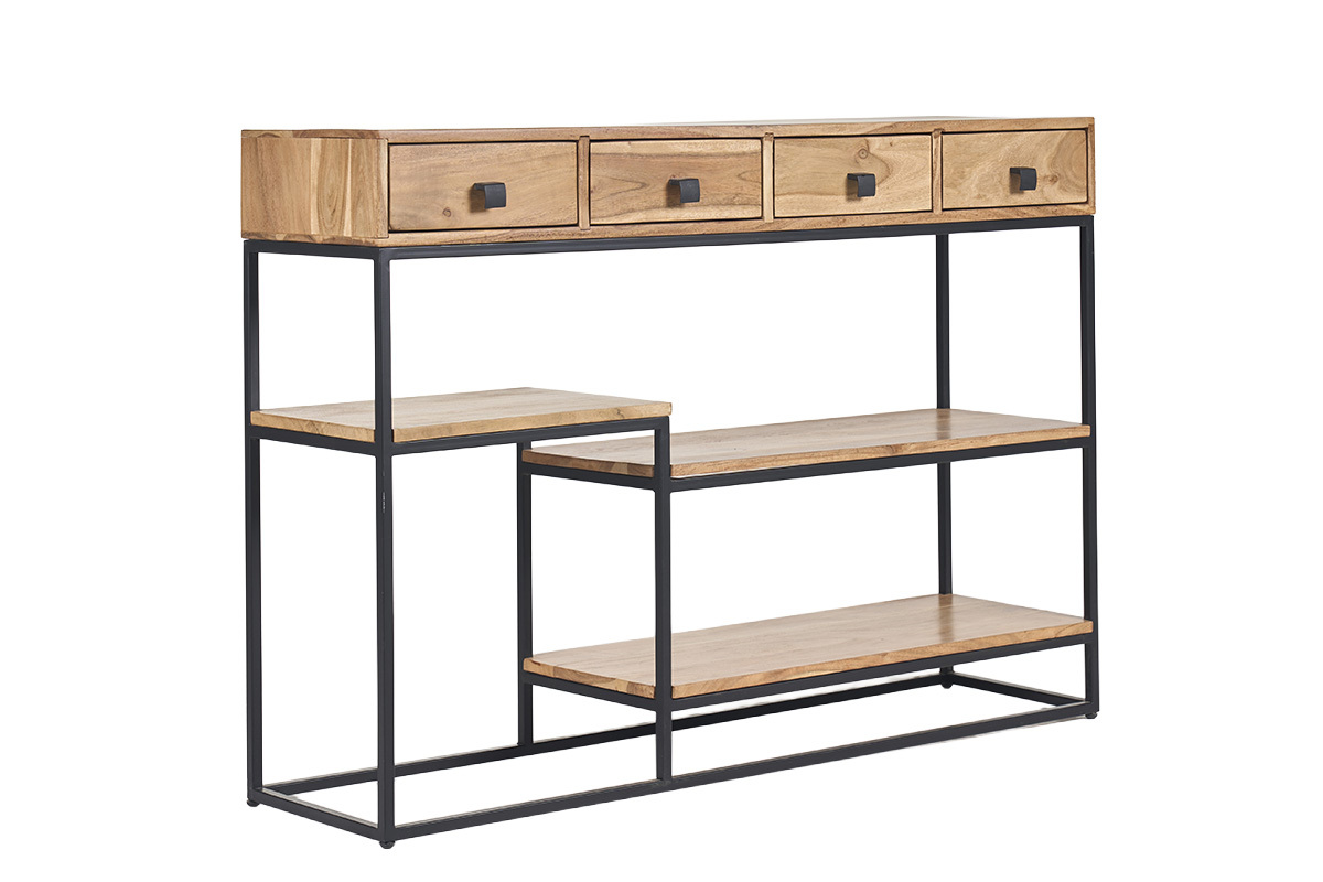 Console industrielle avec rangements 4 tiroirs en bois massif et m�tal noir L115 cm GRENELLE