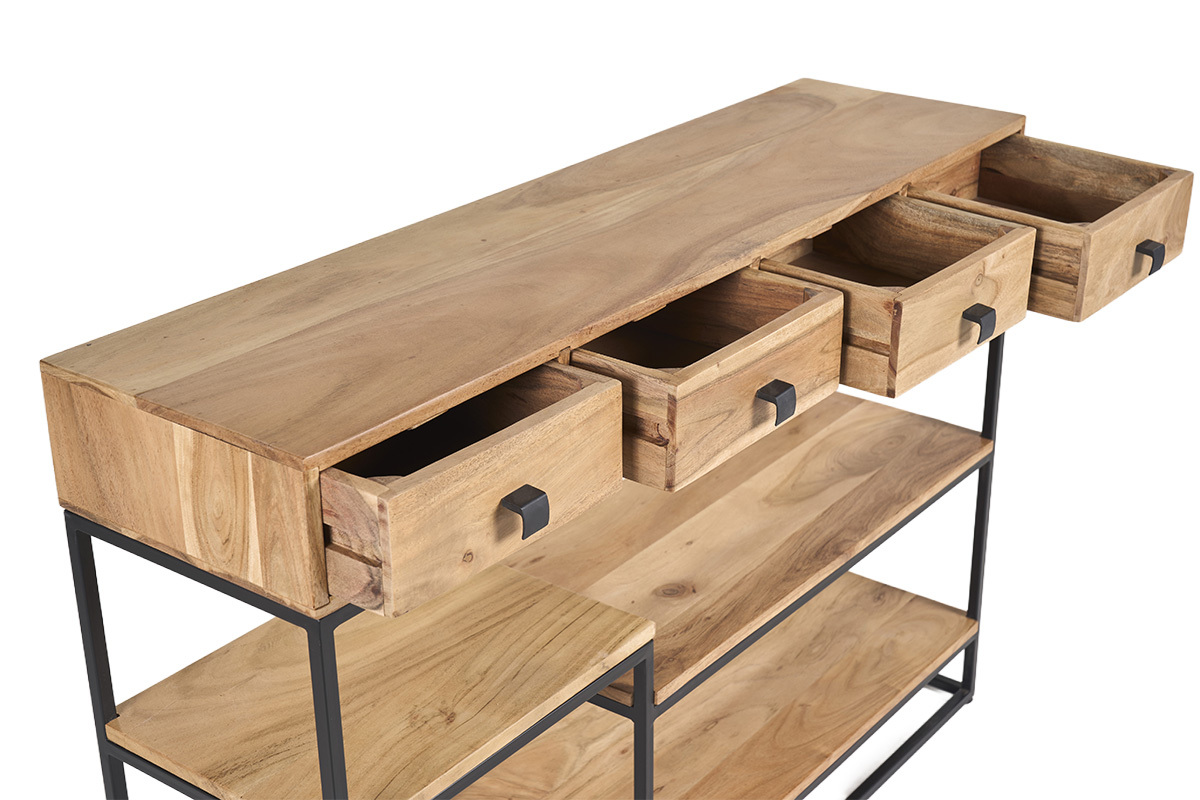 Console industrielle avec rangements 4 tiroirs en bois massif et m�tal noir L115 cm GRENELLE