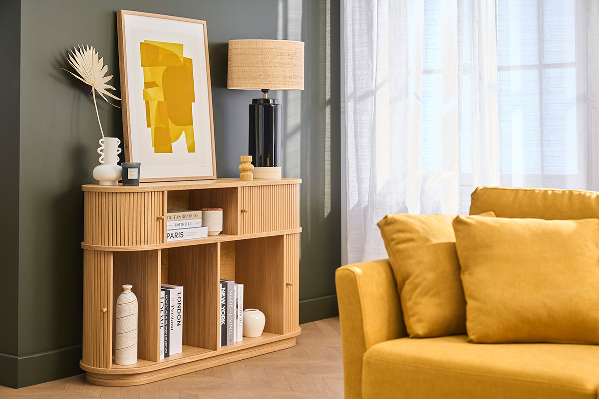 Console vintage en bois clair ch�ne avec portes coulissantes L120 cm EPIC