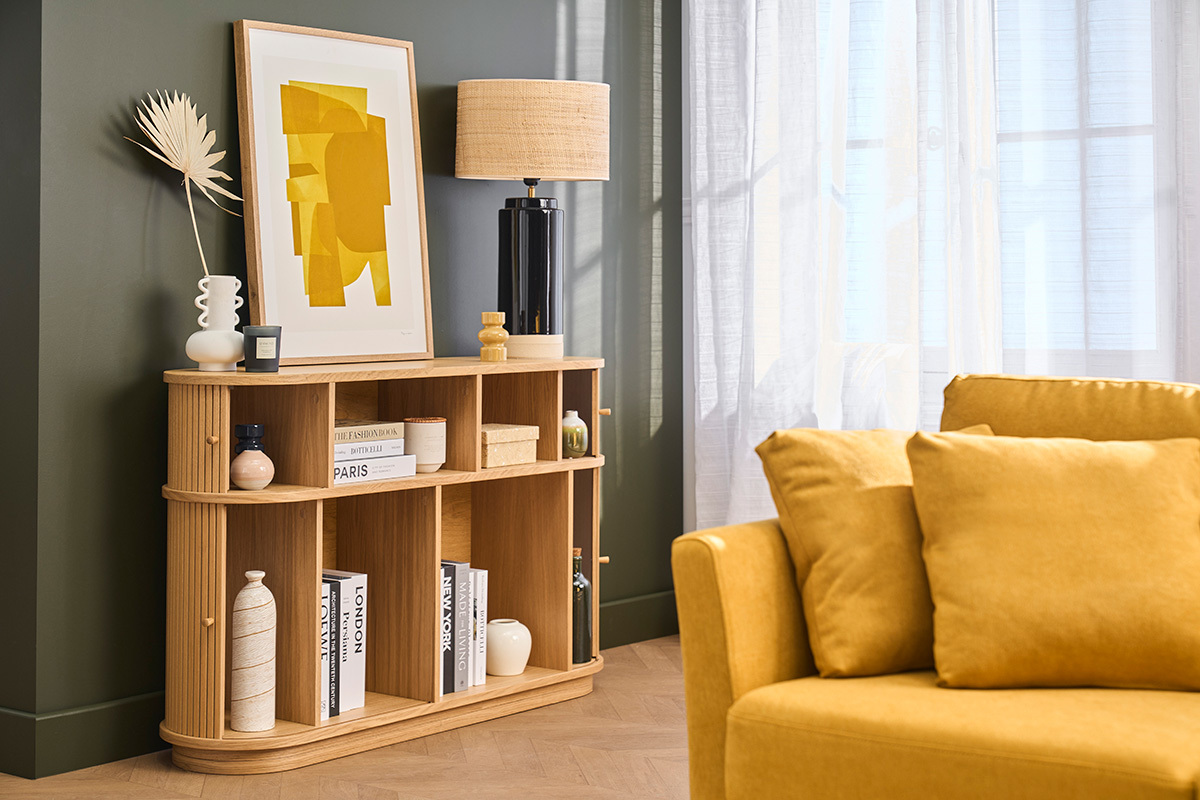 Console vintage en bois clair ch�ne avec portes coulissantes L120 cm EPIC