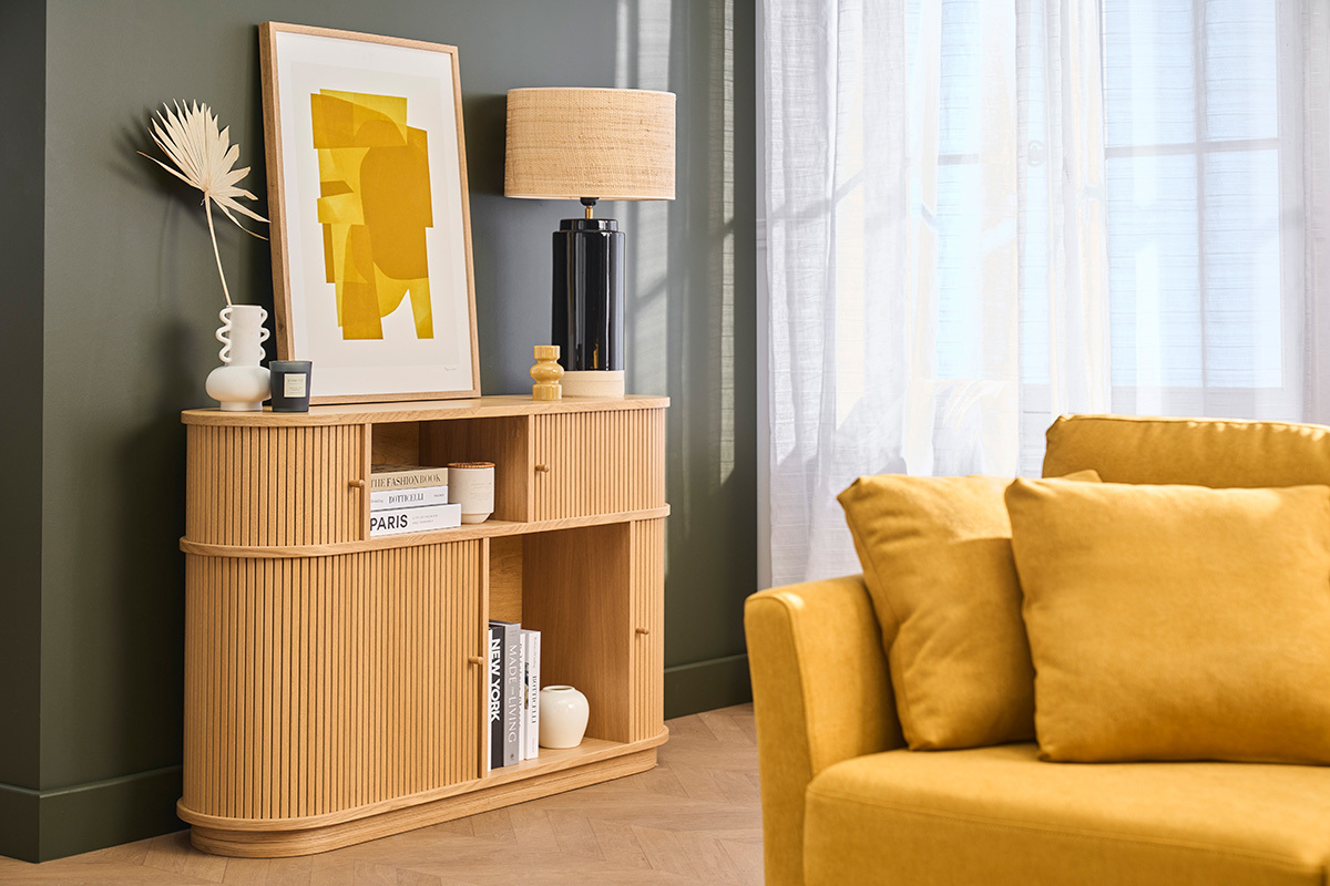 Console vintage en bois clair ch�ne avec portes coulissantes L120 cm EPIC