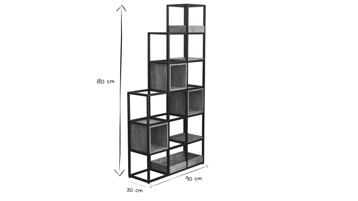 Etagère - meuble séparateur d'espace en bois manguier massif et métal noir  L90 cm FINLEY - Miliboo
