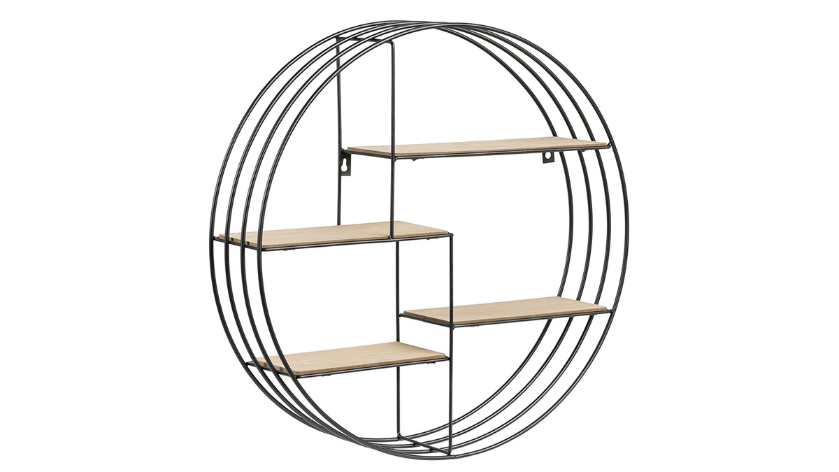 Etagère murale design ronde en bois clair et métal noir D45 cm