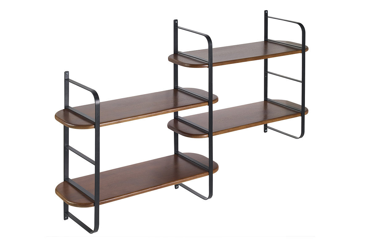 �tag�re murale en bois manguier massif teint� et m�tal noir L122 cm AKINA