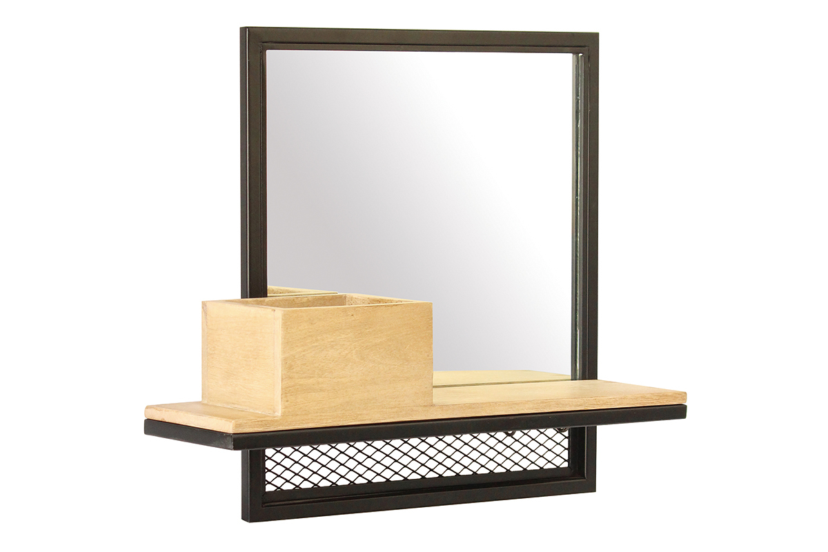 Etag�re murale industrielle avec miroir en m�tal et manguier massif L50 cm RACK