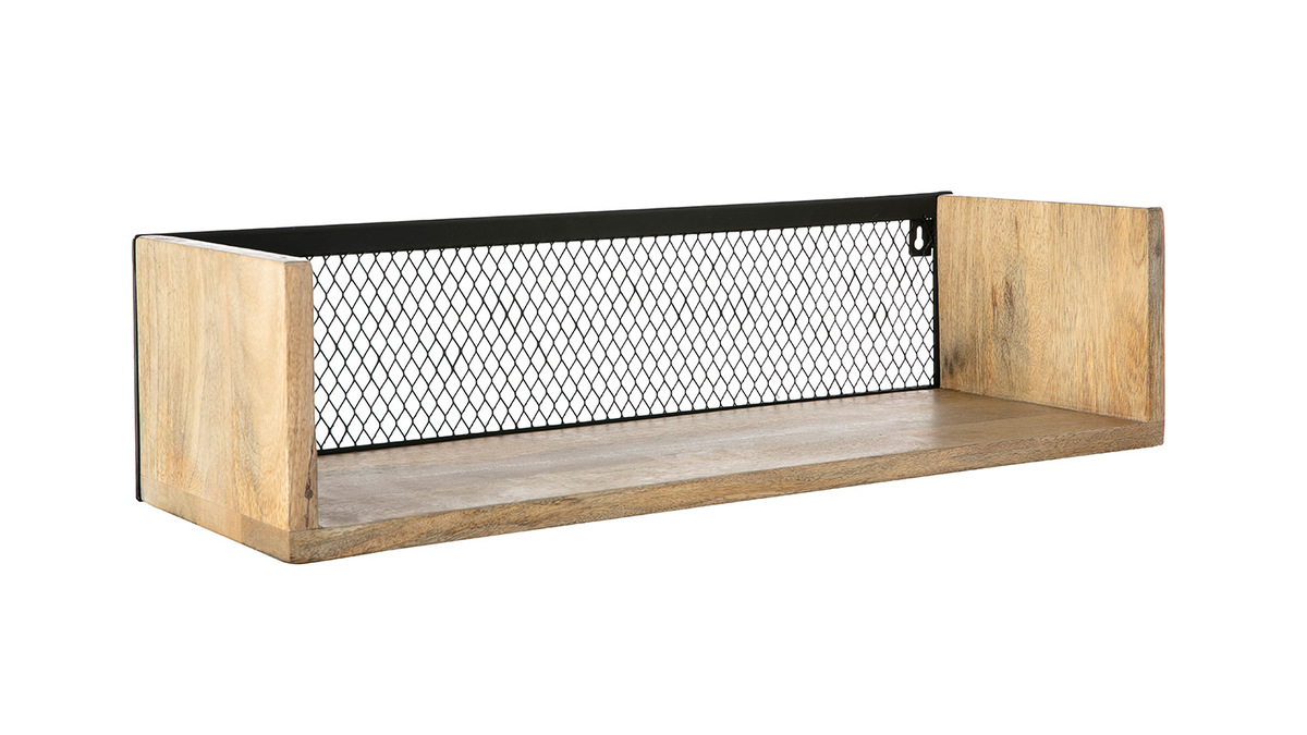 tagre murale industrielle en bois manguier massif et mtal noir L60 cm RACK