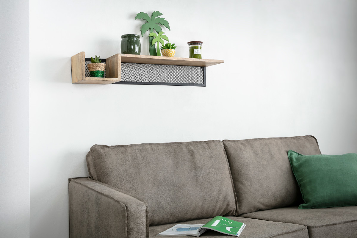 �tag�re murale industrielle en bois manguier massif et m�tal noir L90 cm RACK