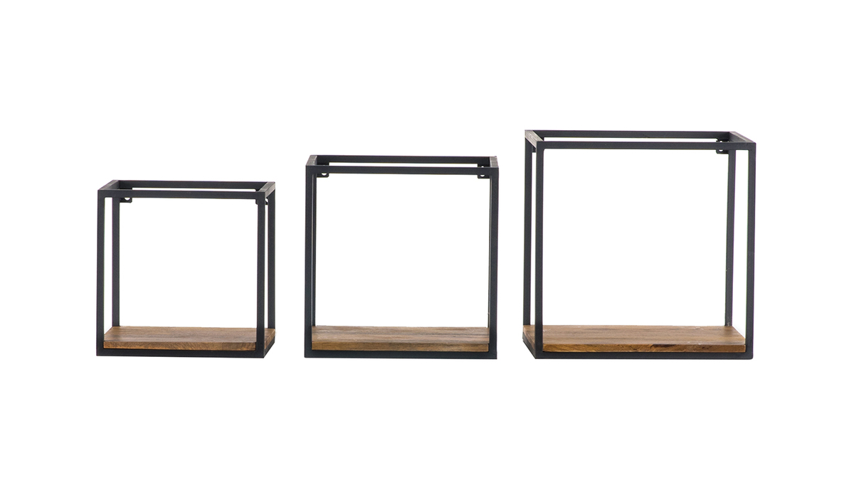 tagres murales carres en mtal noir et bois clair manguier massif (lot de 3) YPSTER