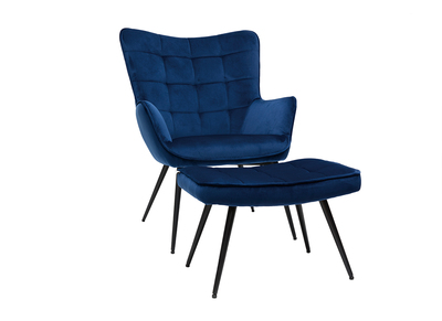 Fauteuil avec repose-pieds design en tissu velours bleu foncé et métal noir MOOD