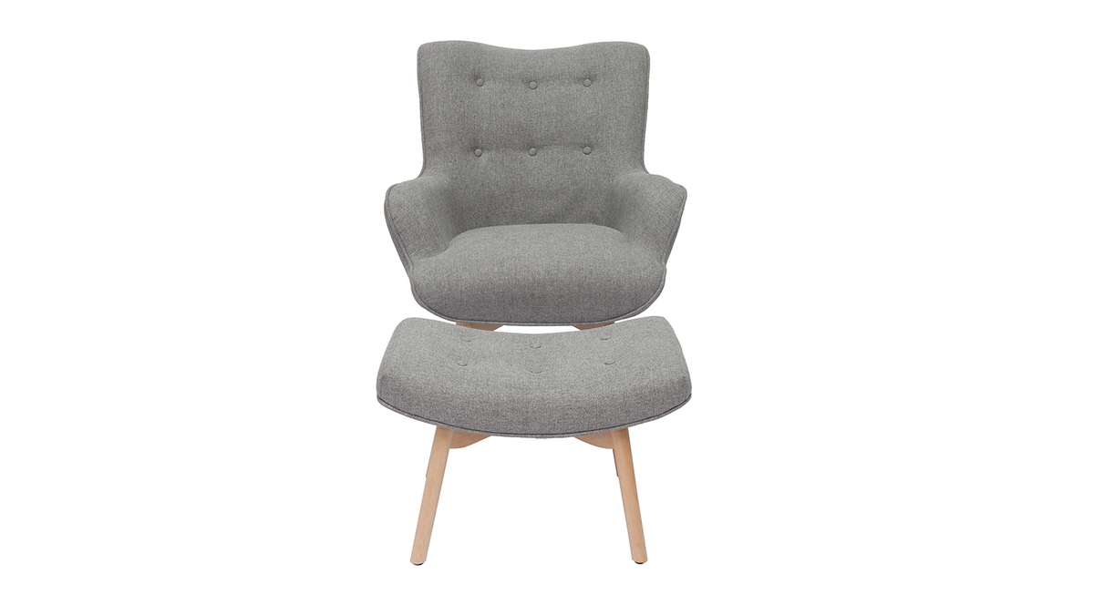 Fauteuil avec repose-pieds scandinave en tissu gris clair et bois clair BRISTOL