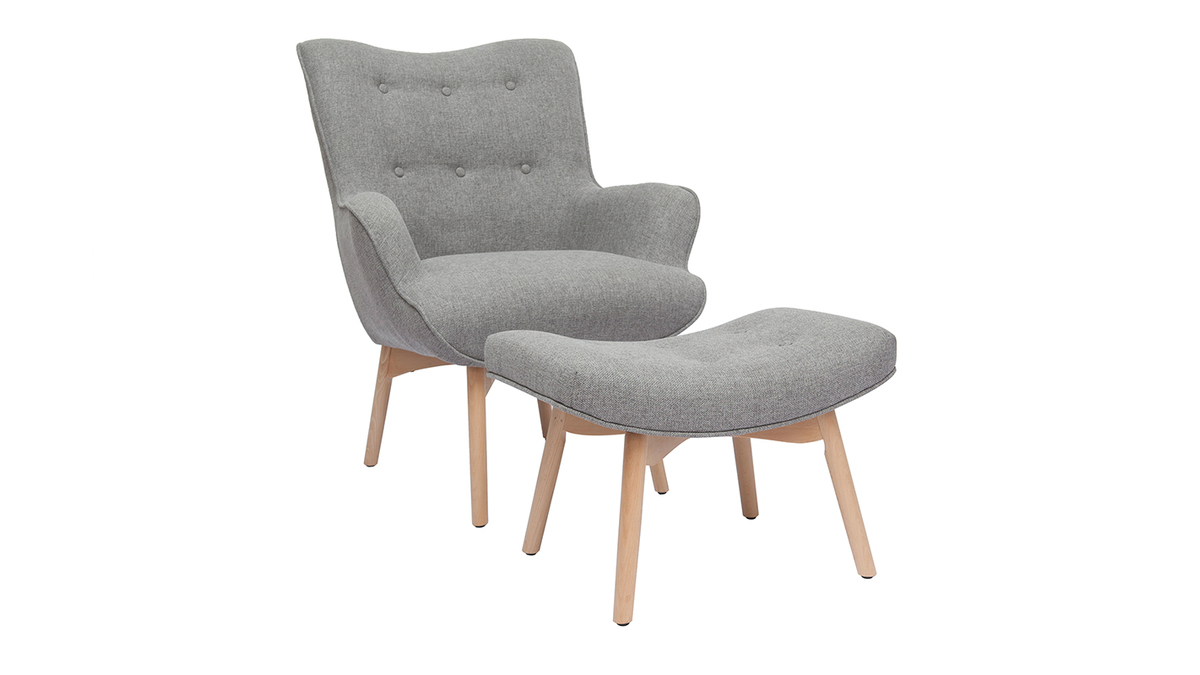 Fauteuil avec repose-pieds scandinave en tissu gris clair et bois clair BRISTOL