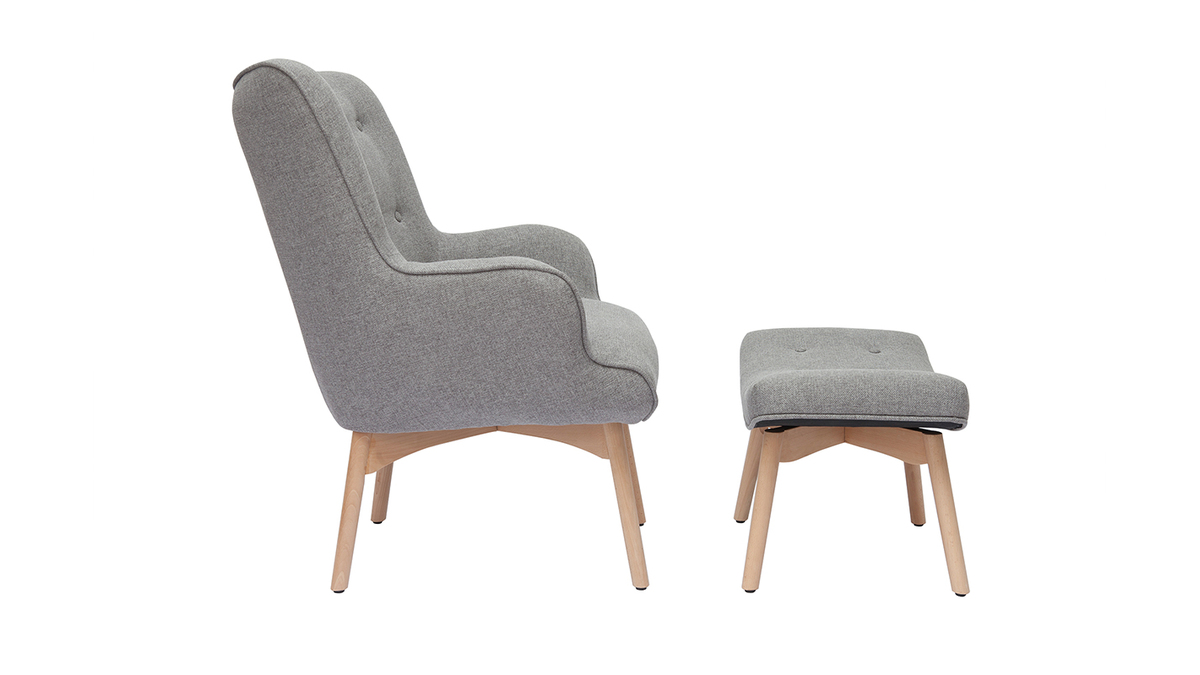 Fauteuil avec repose-pieds scandinave en tissu gris clair et bois clair BRISTOL